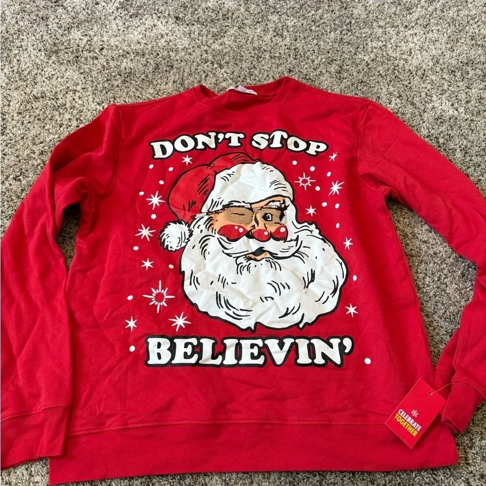 Red Crewneck Sweater with Santa and Festive Design